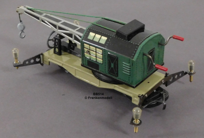 Biller-Bahn 514 Spur 0e, Blech/TinPlate Kranwagen grün, OVP, Bauzeit um 1964, Länge 215