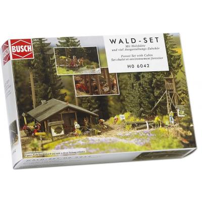 Busch 6042 H0 Wald-Set mit Holzhütte und Zubehör