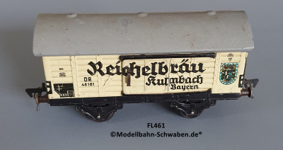 Fleischmann 461 Spur 0, Kühl- / Bierwagen Reichelbräu Kulmbach, Metall, beige