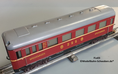 Fleischmann 411J Spur 0, Speisewagen 4-achsig, DSG, rot, Innenbeleuchtung