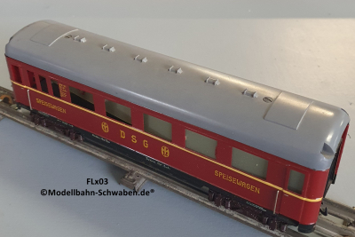 Fleischmann 411J Spur 0, Speisewagen 4-achsig, DSG, rot, Innenbeleuchtung