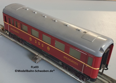 Fleischmann 411J Spur 0, Speisewagen 4-achsig, DSG, rot, Innenbeleuchtung