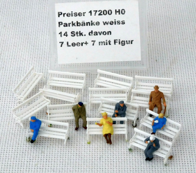 Preiser #0008 H0 Parkbänke, weiß, 7 Leer + 7 Besetzt mit Figur, EVP