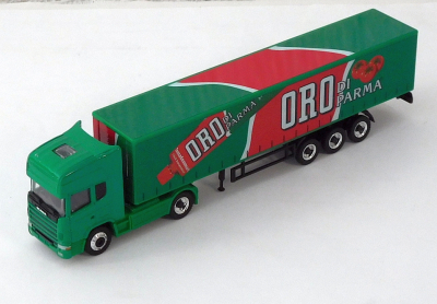 Schuco 24000 H0 1:87 Scania Gardinenplanensattelzug Oro di Parma