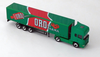 Schuco 24000 H0 1:87 Scania Gardinenplanensattelzug Oro di Parma