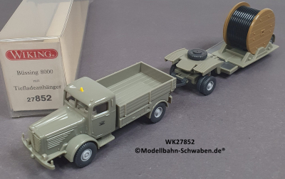 Wiking 27852 H0, Büssing 8000, Post, Tiefladeanhänger, Kabeltrommel, OVP