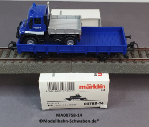 Märklin 00758-14 H0 Flachwagen THW bel. m. MB Unimog, DB, OVP
