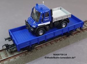 Märklin 00758-14 H0 Flachwagen THW bel. m. MB Unimog, DB, OVP