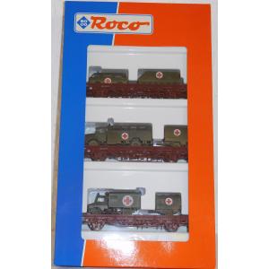 Roco 44024 H0 Set 3 Stk. Rungenwagen mit DRK Sanitätsfahrzeugen, DB, OVP